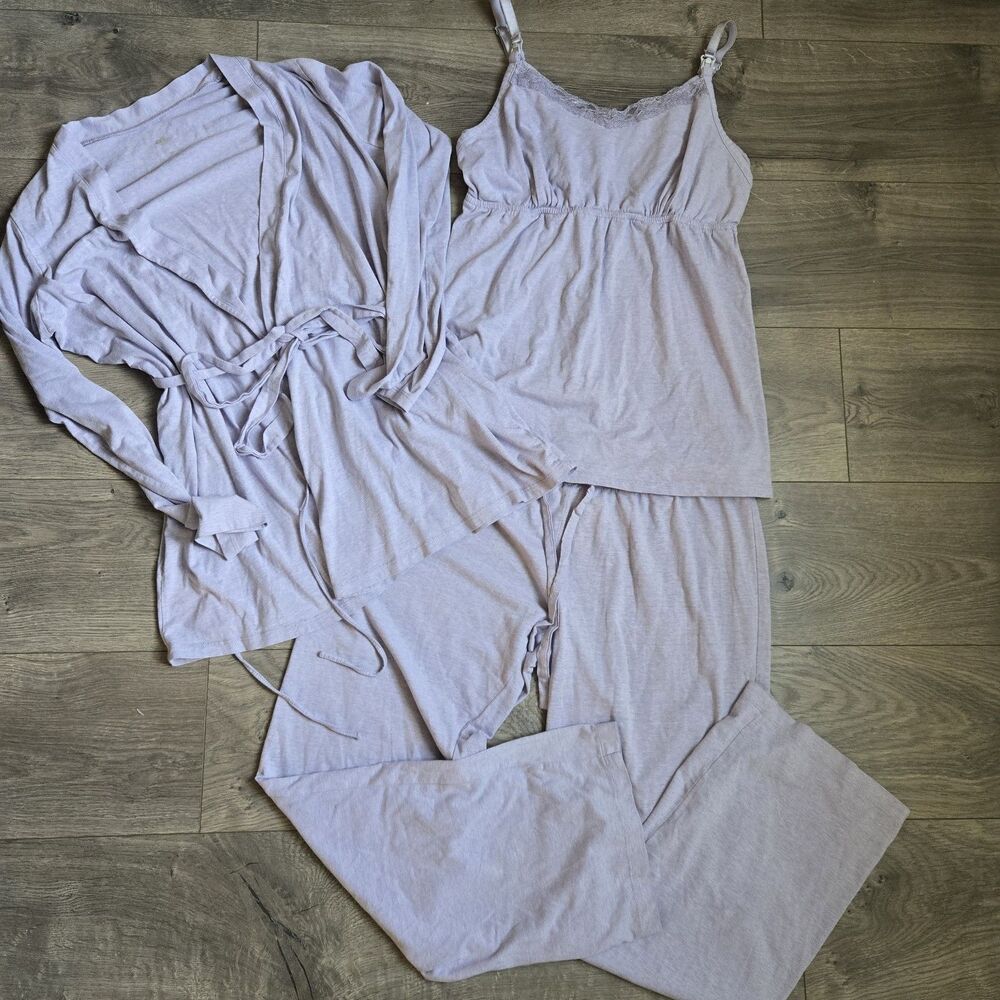 Two Hearts Maternity Nursing Pajama Set M 3pc Purple Lavender Clip Down Top Robe